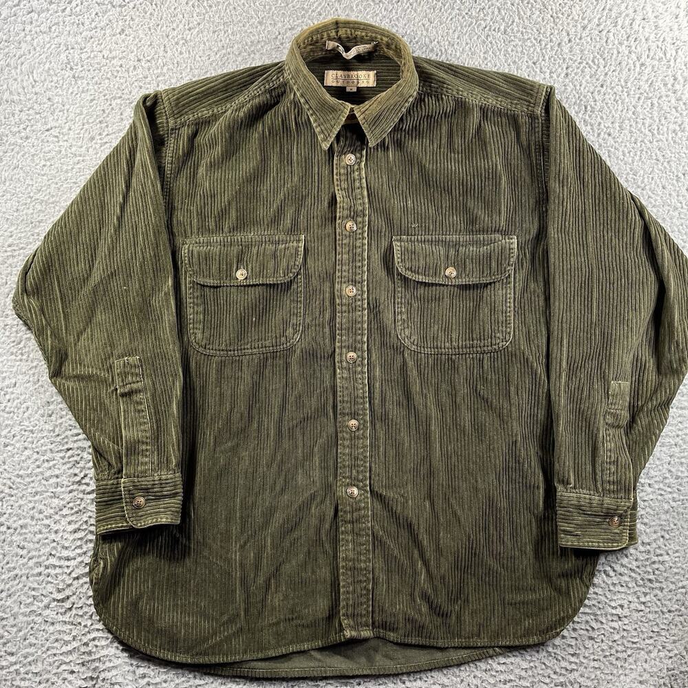 Claybrooke Outdoors Mens Vintage Green Wide Wale Corduroy Button Down Shirt M
